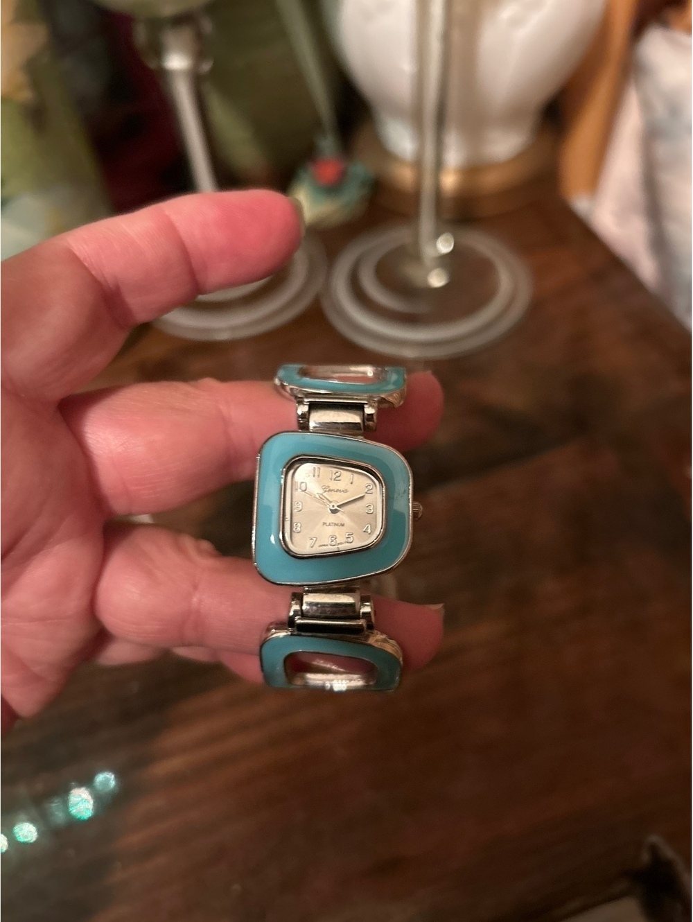 Geneva Stainless Steel Vintage Style Ladies Watch with Turquoise Enamel Links